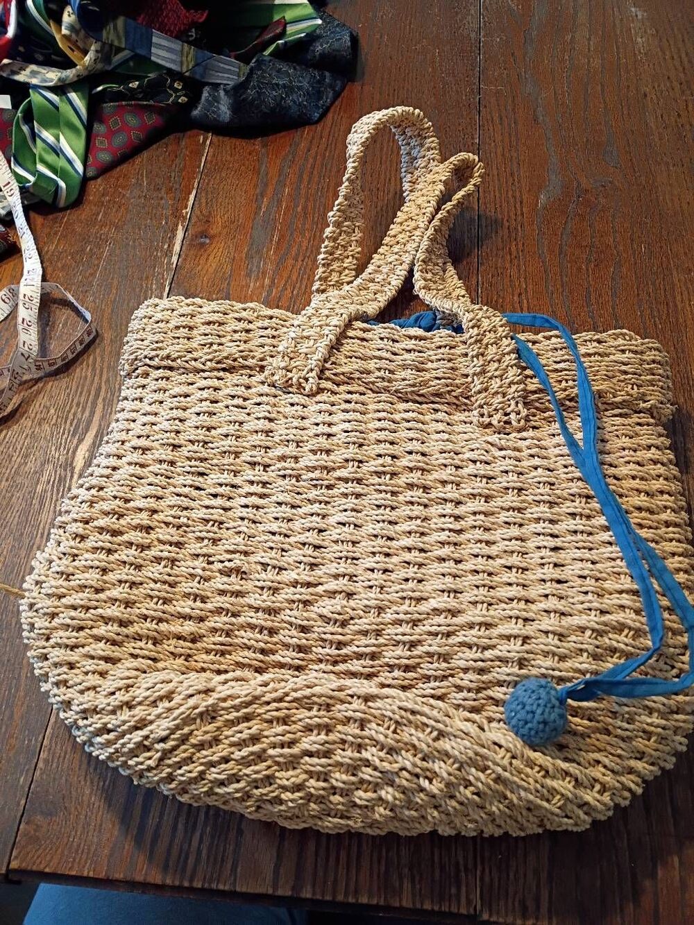 Woven Crocheted Straw Beach Summer Pool Handbag Top Handle Tote Drawstring Liner